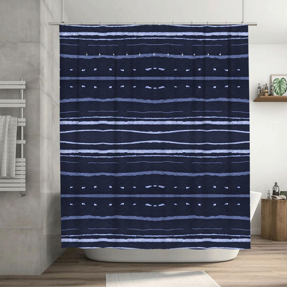 Modern Blue Striped Shower Curtain Bath Decor For Bathroom Washable Fabric Water-Resistant Shoji Curtain Set (Navy)