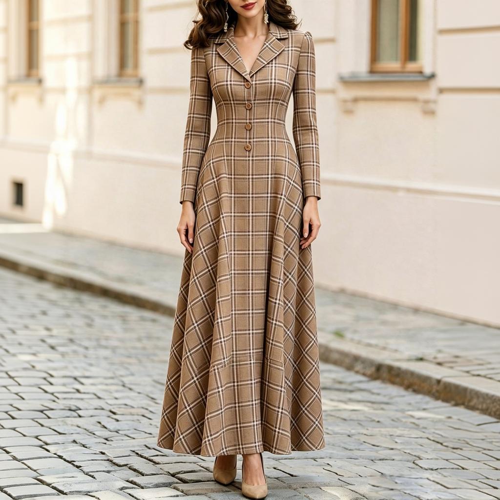 Women's Elegant Plaid Button Front Long Dress for Fall Winter Work