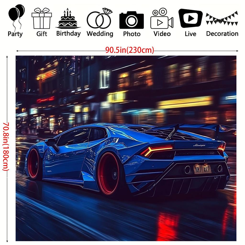 1pc Blue sports car at night with wall background - energetic party banner, home decoration