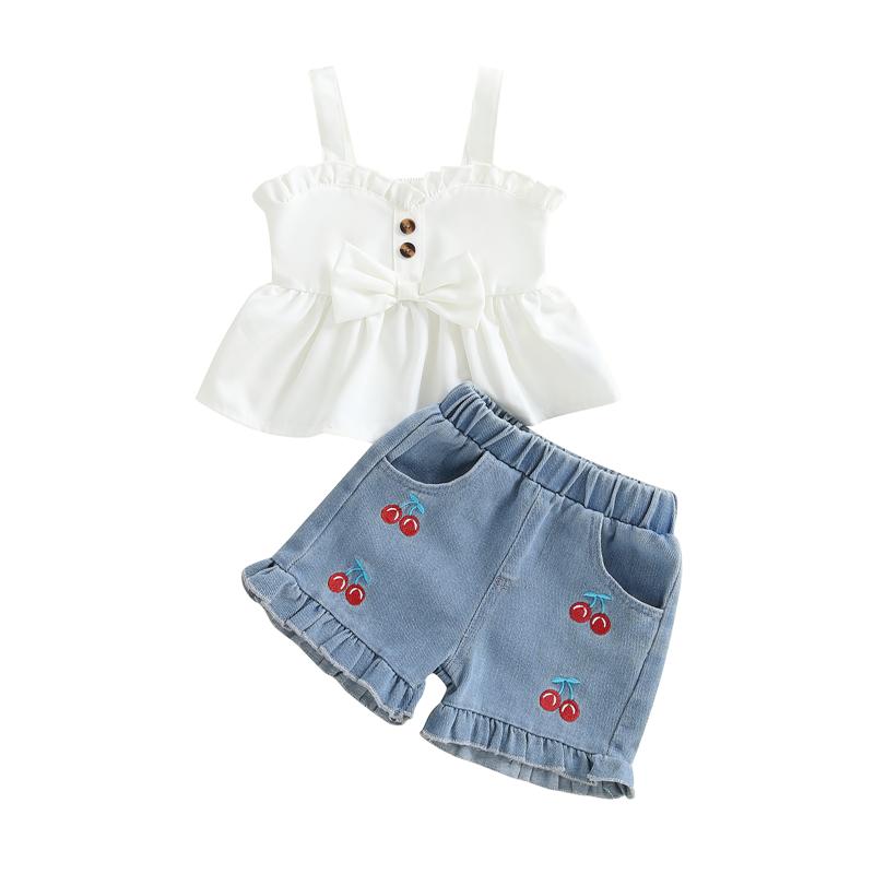 

Kid Girls Summer Clothing Children Outfit Sets Bow Sleeveless Camisole and Elastic Cherry Denim Shorts Suit 90 білий