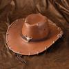 Shadow Hat Wide Brim Western Cowboy Hat Solid Color Pu Leather Panama Cap Ethnic Style Punk Jazz Hat Climbing