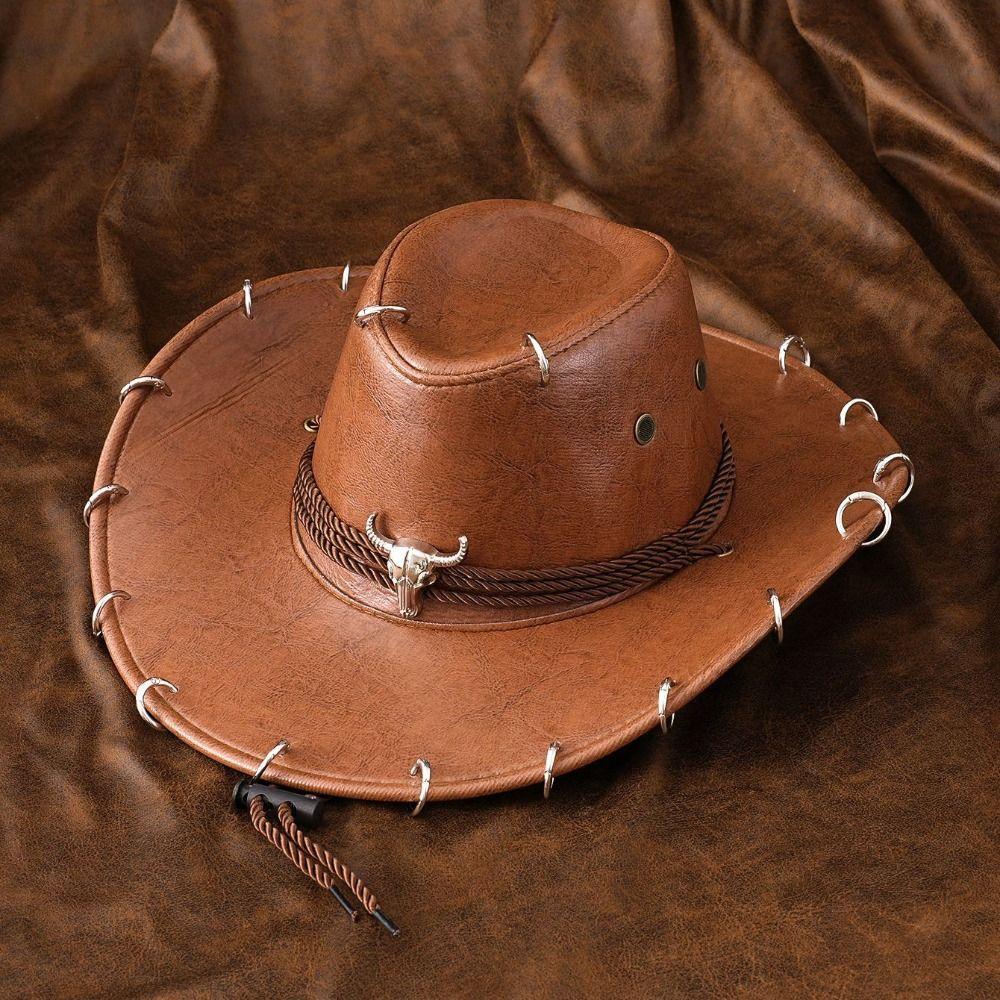 Shadow Hat Wide Brim Western Cowboy Hat Solid Color Pu Leather Panama Cap Ethnic Style Punk Jazz Hat Climbing