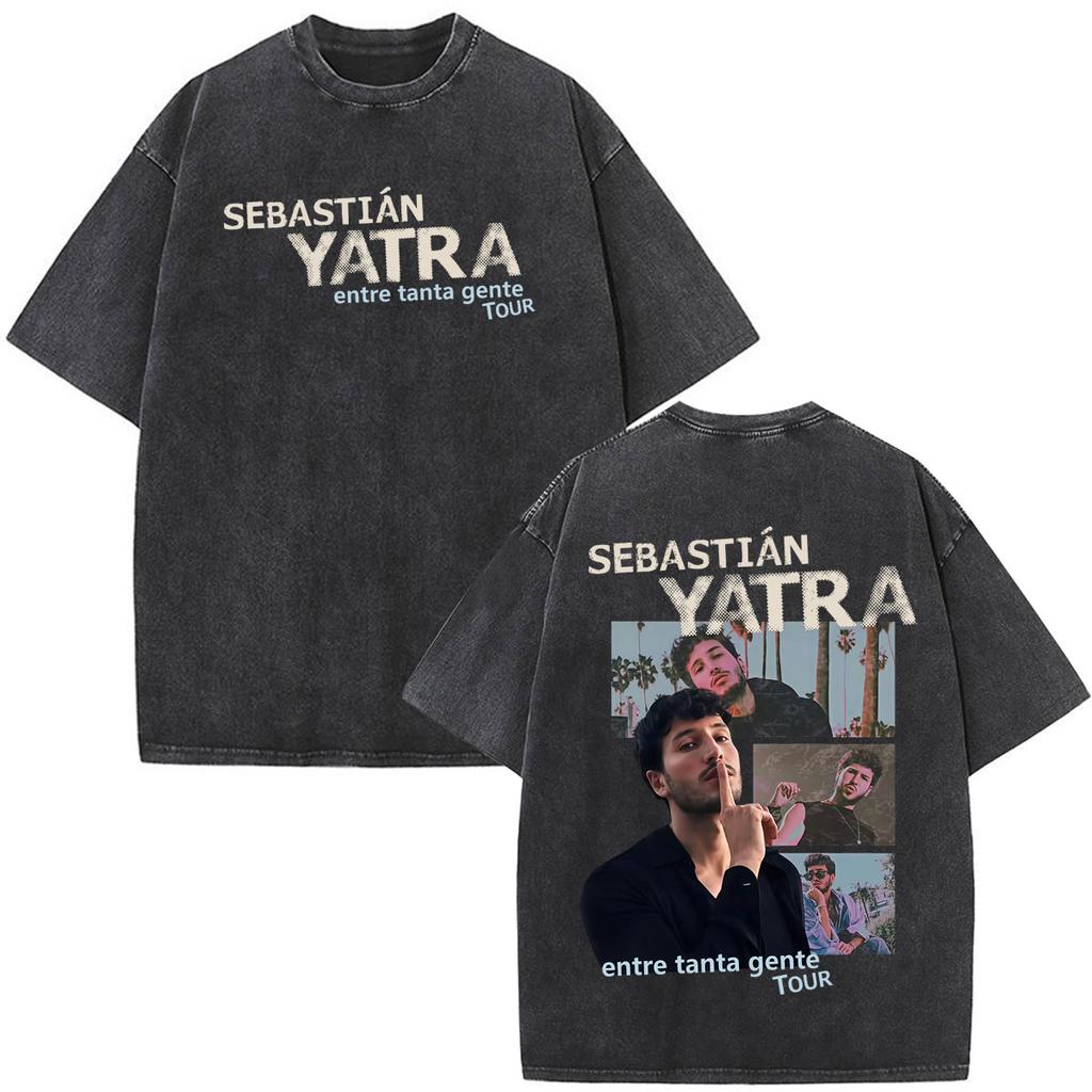 Singer SEBASTIAN YATRA Entre Tanta Gente Tour Print T Shirt Unisex Cotton Casual Vintage Washed Oversized Tshirts Streetwear