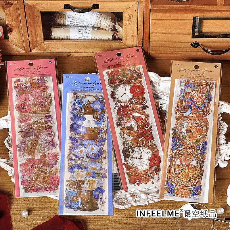 6-Sheet Vintage Garden Floral Long Sticker Set, Retro Botanical Patterns & Self-Adhesive, for Journal DIY & Scrapbook Deco