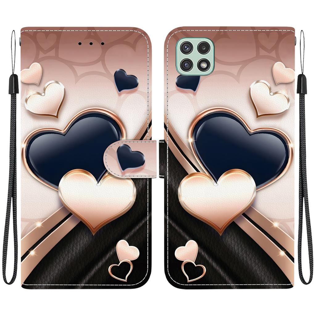 Handmade PU Leather Flip Case for Samsung A22 5G/A22s 5G (SM-A226B/A226L)- Anti-Slip Shockproof Cover with Wrist Strap & Heart/Rose Cat Designs