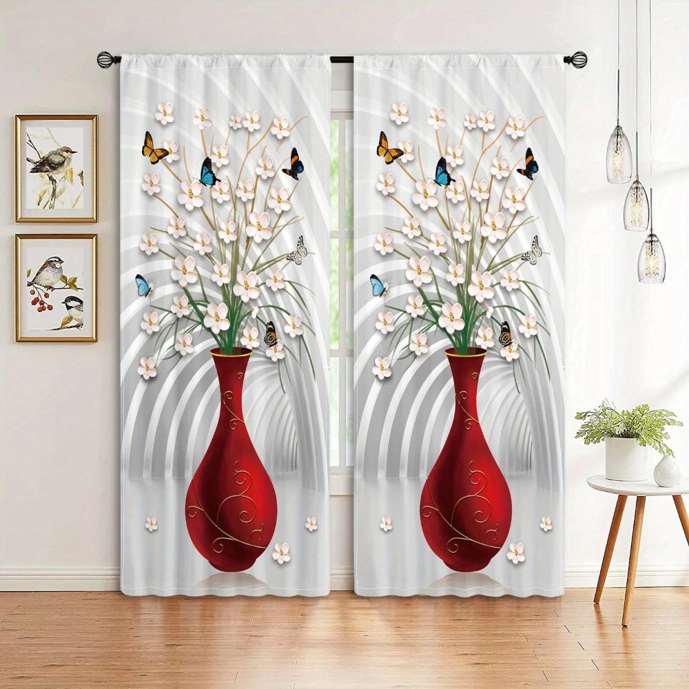 Sunflower Vase Printed Drapes , Rod Pocket Windowpane Treatment for Girls Bedchamber , Office , Kitchen ,LivingroomSpace,HouseholdDecoration
