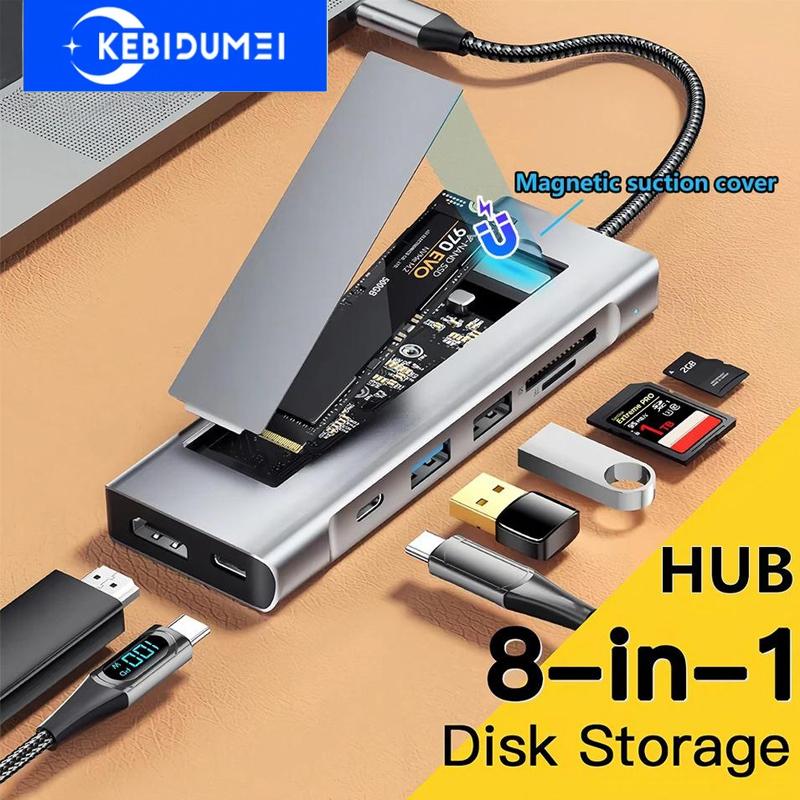8 In 1 Type C Docking Station with Disk Storage Function USB 3.2 Hub 10Gbps M.2 NVMe SATA SSD Case Multi Adapter Card Reader USB C To HDMI Adapter
