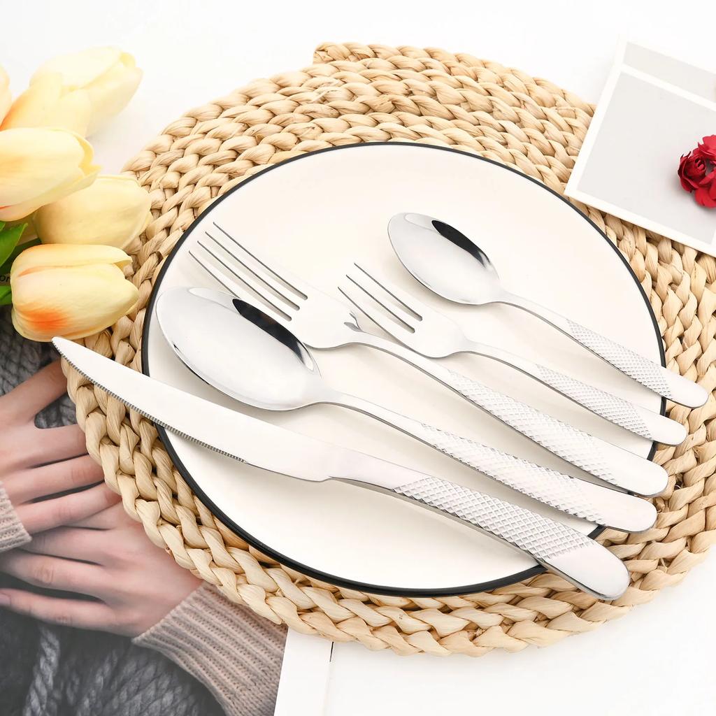 20Pcs Western Dinnerware Set Stainless Steel Cutlery Set Knife Cake Fork Spoon Tableware Set Silver Flatware Set Silverware Set