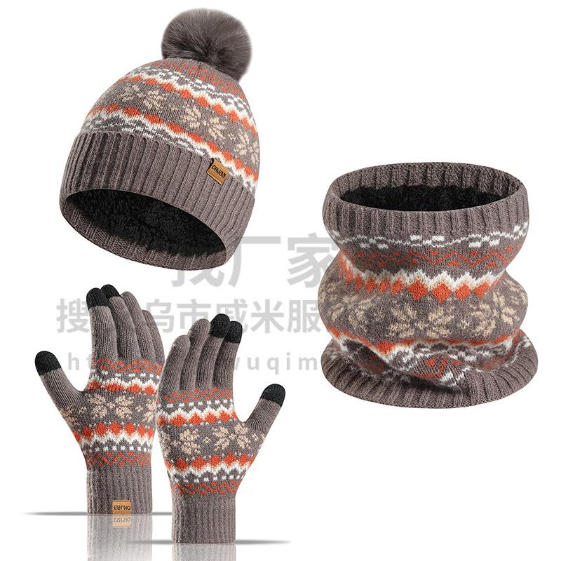 

Зимний новый утолщенный теплый женский комплект из трех предметов: шапка-снежинка, перчатки, шарф хаки