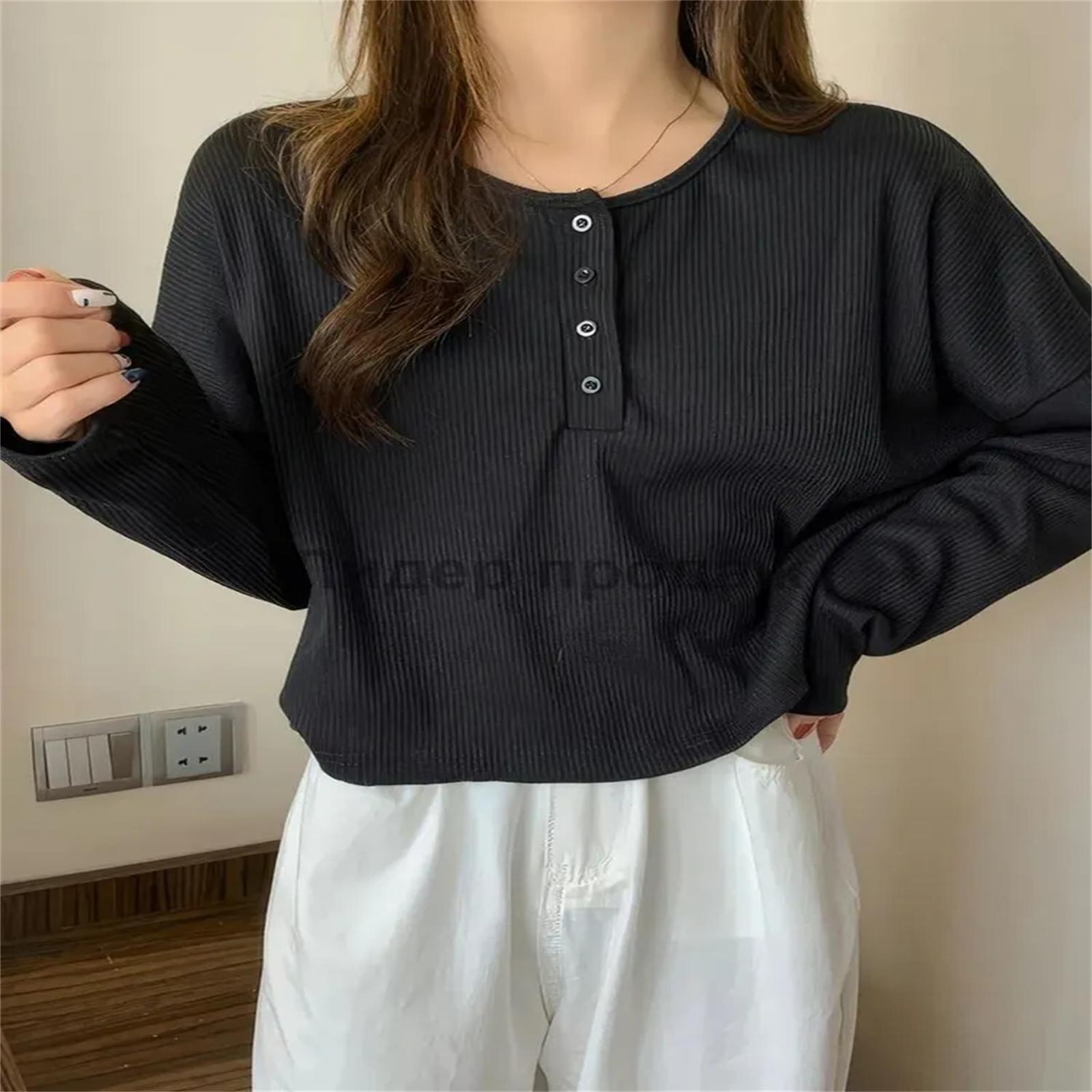 Ribbed Long-sleeved Top L чёрный