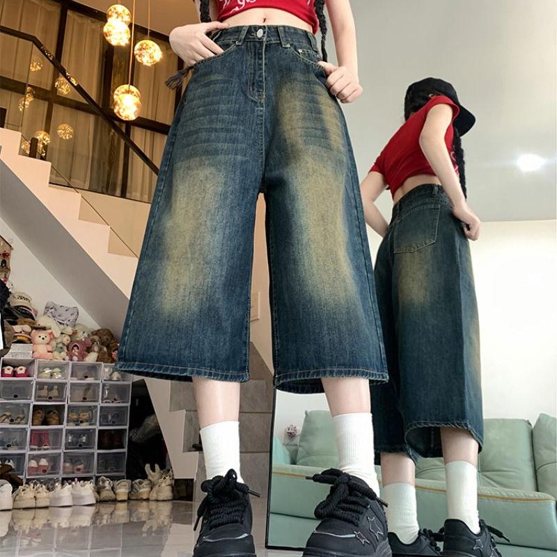 High Street Vintage Wide-Leg 7/10 Denim Capri Pants for Women Summer High-Waist Plus Size  Slimming Loose Straight Short Trousers