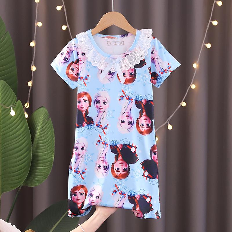 Lace Short Sleeve Cartoon Nightgown for Girls - Summer Pajamas