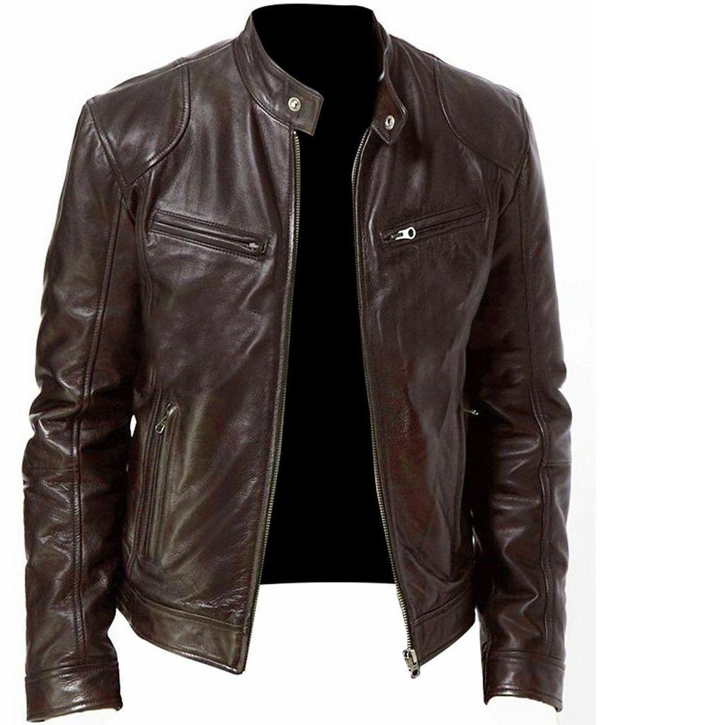 Mens Motorcycle Leather Jacket Slim Fit Short-Coat Lapel PU Jackets Autumn Zipper Stand Windproof Leather Coat Mens Clothing