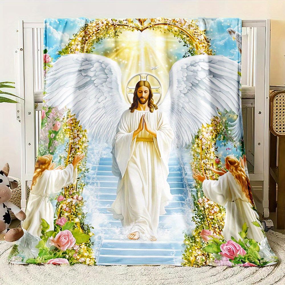 Custom Jesus Angel Blanket Heaven Wings Religious Design Personalized Name Fleece Throw All Season Soft Warm Bedding Home Decor