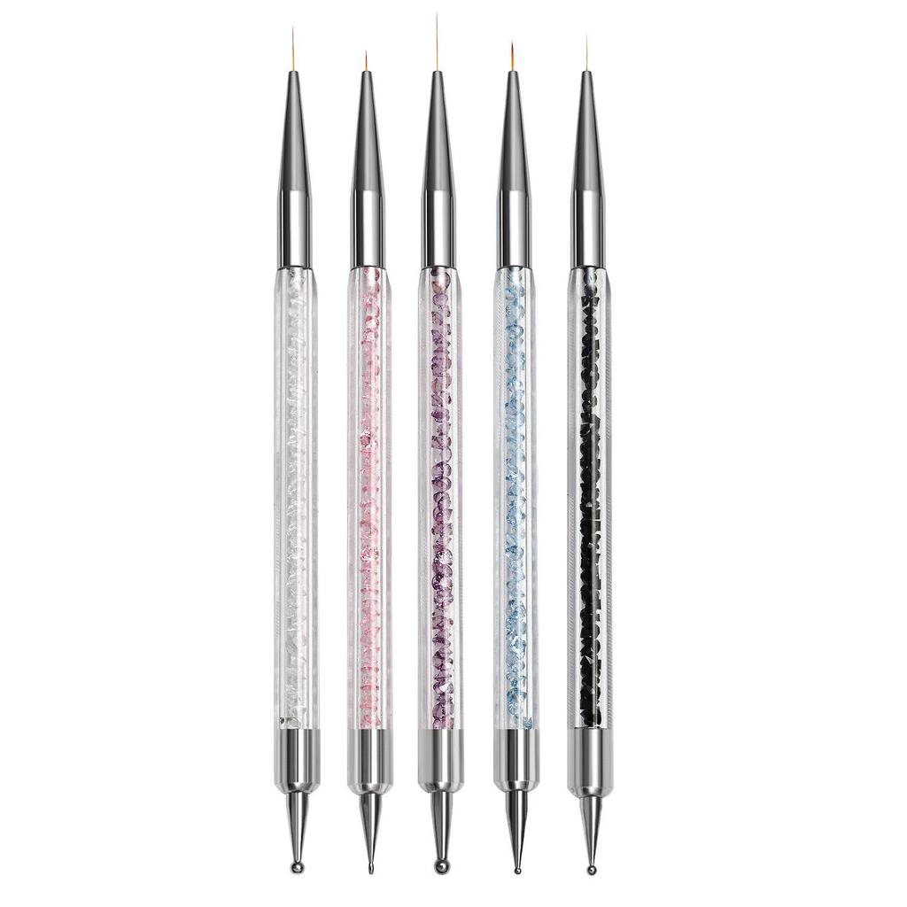 5-Piece Double-Ended Nail Art Brush Set with Rhinestone Picker and Liner Pen