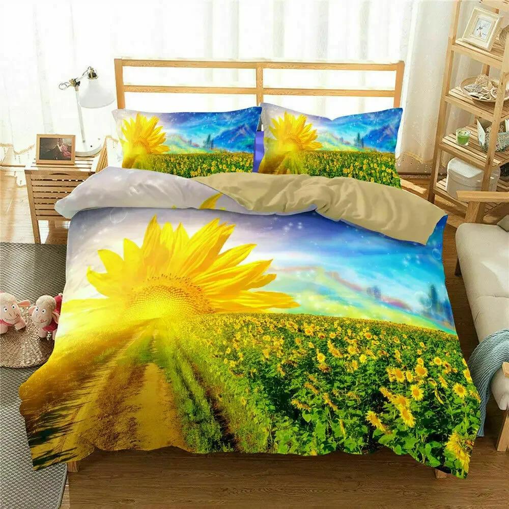 3D Floral Comforter Cover King Size for Kids Women Yellow Flowers Bedding Set Sunflower Duvet Cover 2/3pcs Polyester Quilt Cover