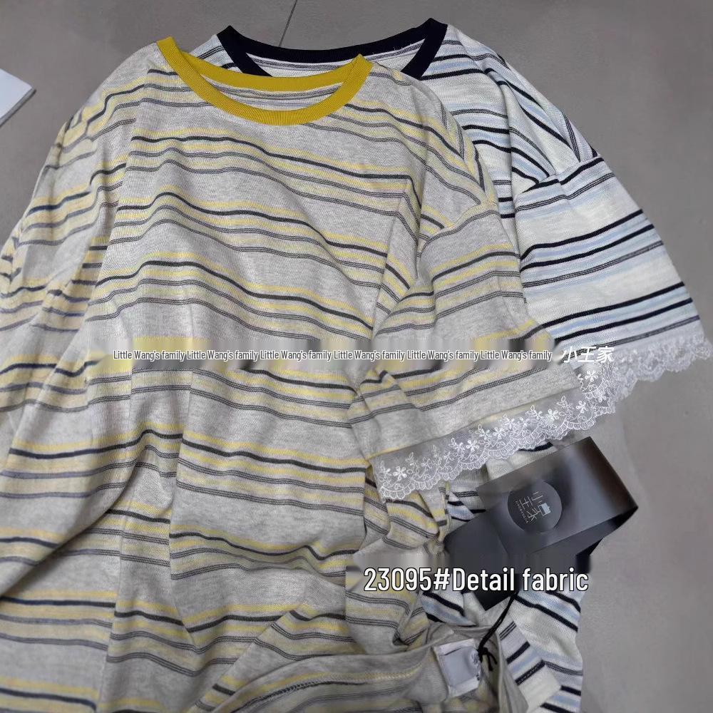 Xiao Wang's Summer Stripe Lace-Trim Loose Fit Plus Size T-Shirt