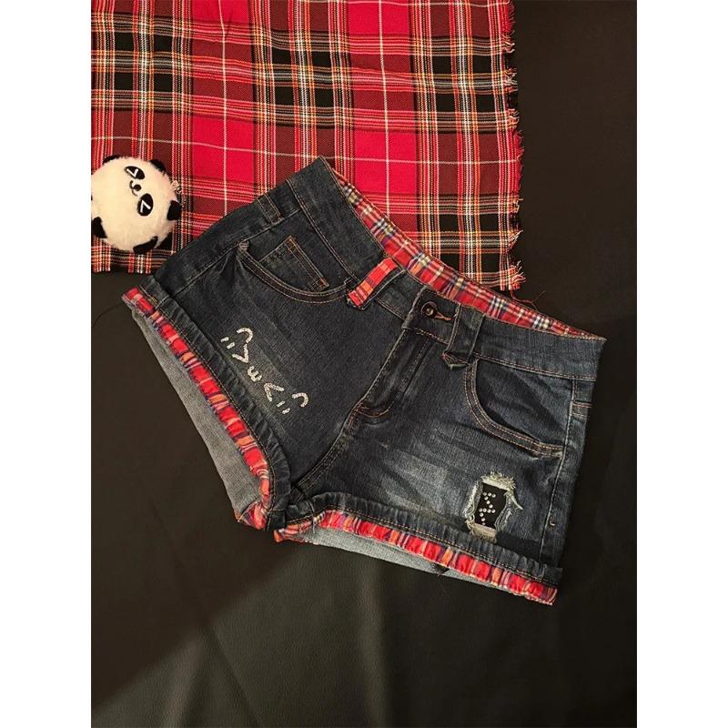 

Women s Contrast Plaid Trim Denim Shorts Low Waist Distressed Embroidered Hot Pants L чёрный