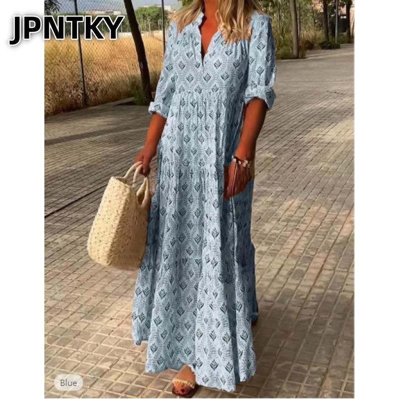 JPNTKY Moda Verano Primavera Mangas 1/2 Cuello en V Vestidos Casuales