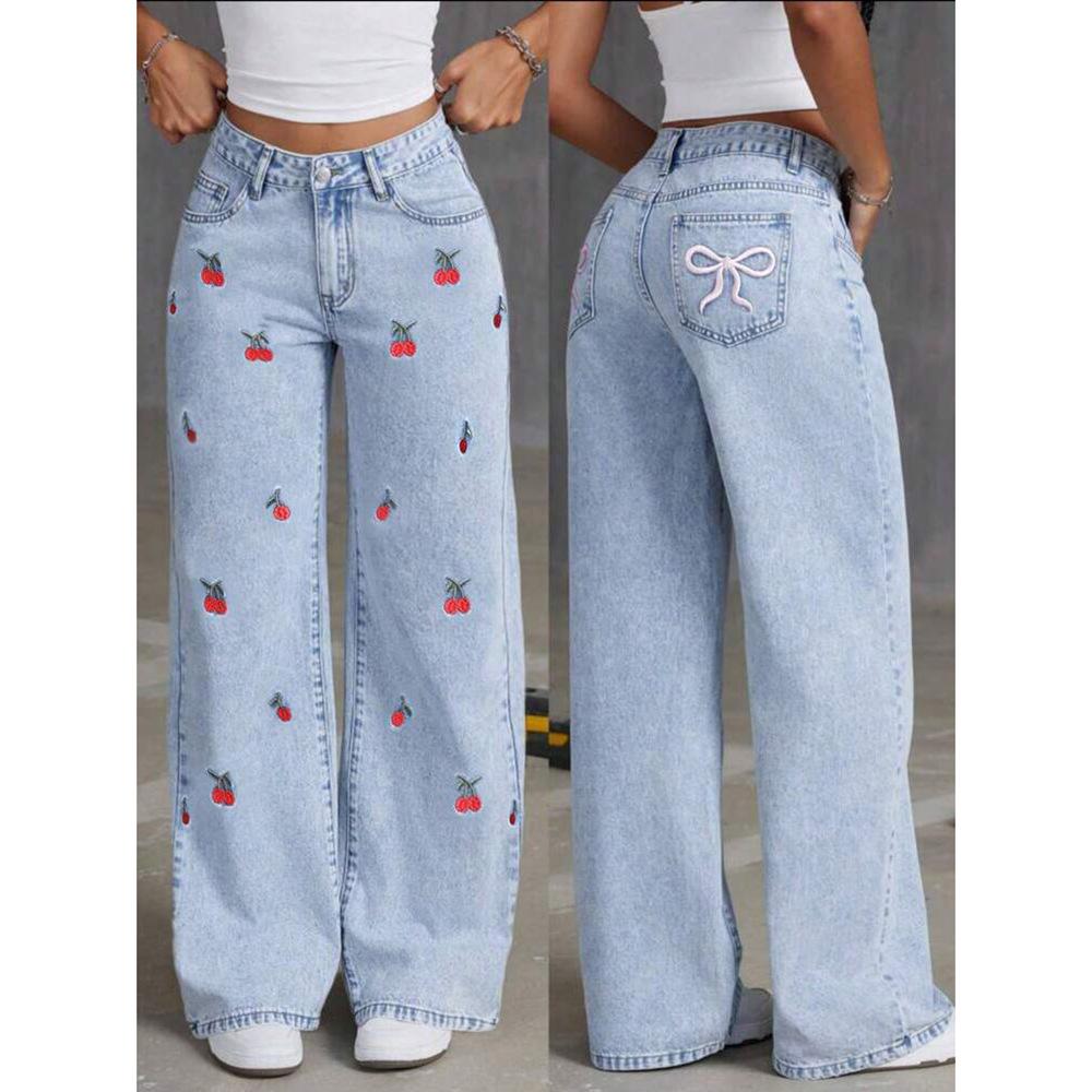 Denim Wide Leg Jeans High waisted Bow Embroidered Pocket Wide Leg Jeans Fashionable Women s Trousers Casual Style S