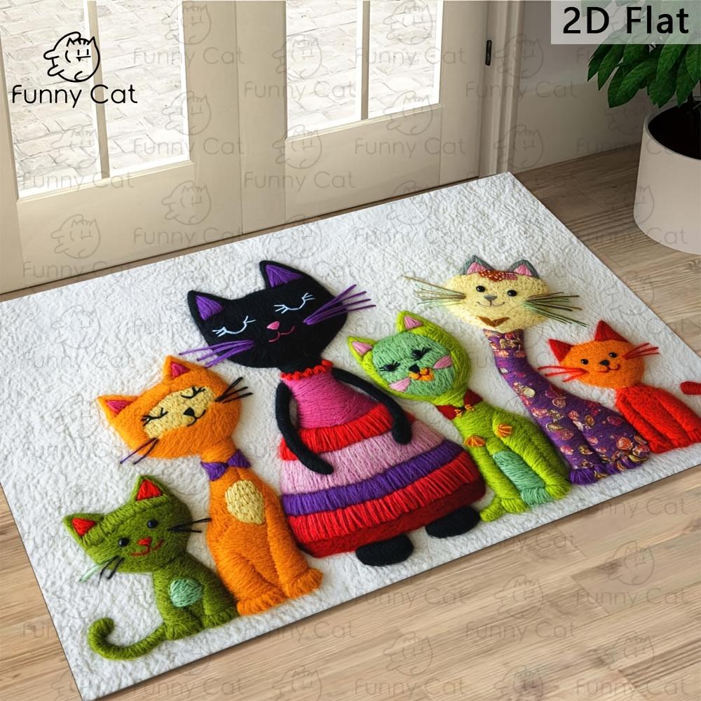 Handmade 2D Style Six Cats Print Entrance Doormat Colorful Kitty Pattern Non Slip Bath Rug Decorative Floor Carpet 1PC