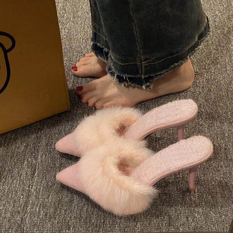 High Heel Fur Mule Slides Woman Elegant Pointed Toe Furry Slippers Ladies Luxury Plush Evening Party Pump Shoes