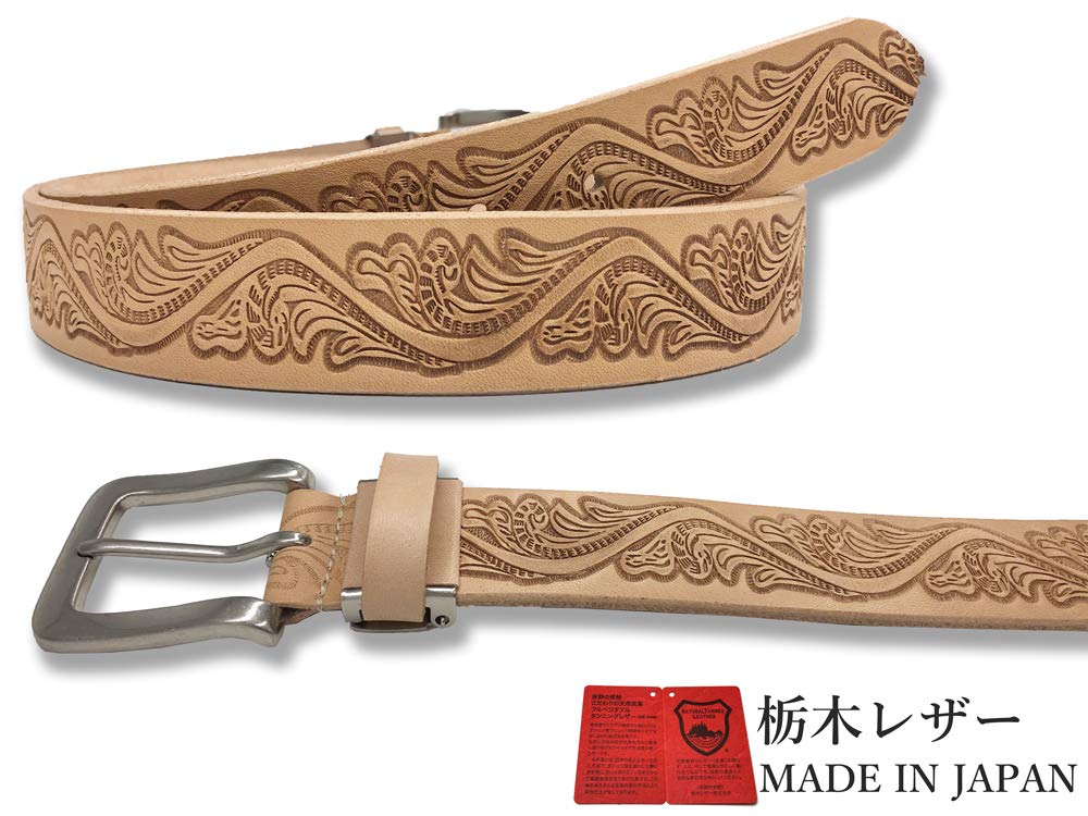 WING LEATHER Tochigi Leather Belt - Men's Genuine Leather Casual Belt, Made In Japan, Cowhide, Domestic, Stylish Embossed Craft, 35mm, W004, Size L,
