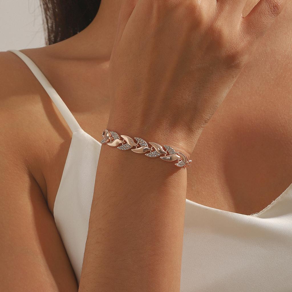 2 STÜCKE/Set Damen Schmuckset Blätterform Strassbesetzt Verstellbare Länge Halskette Armband