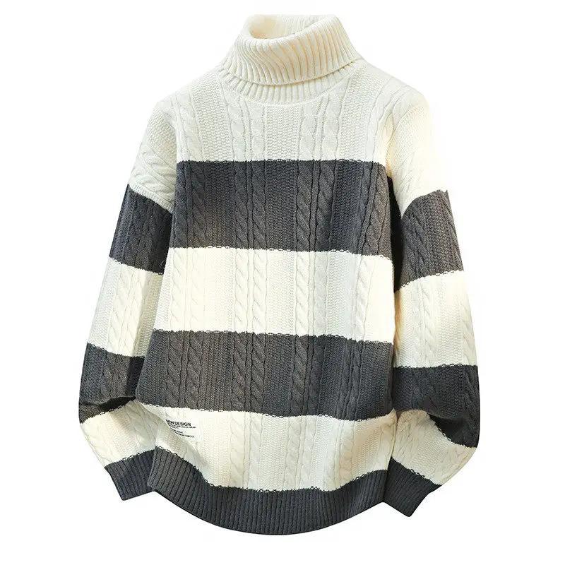 2026 Autumn Winter Men Striped Sweaters Men Turtleneck Casual Sweater Male Knitted Patchwork Jumper Man Streetwear Pullovers