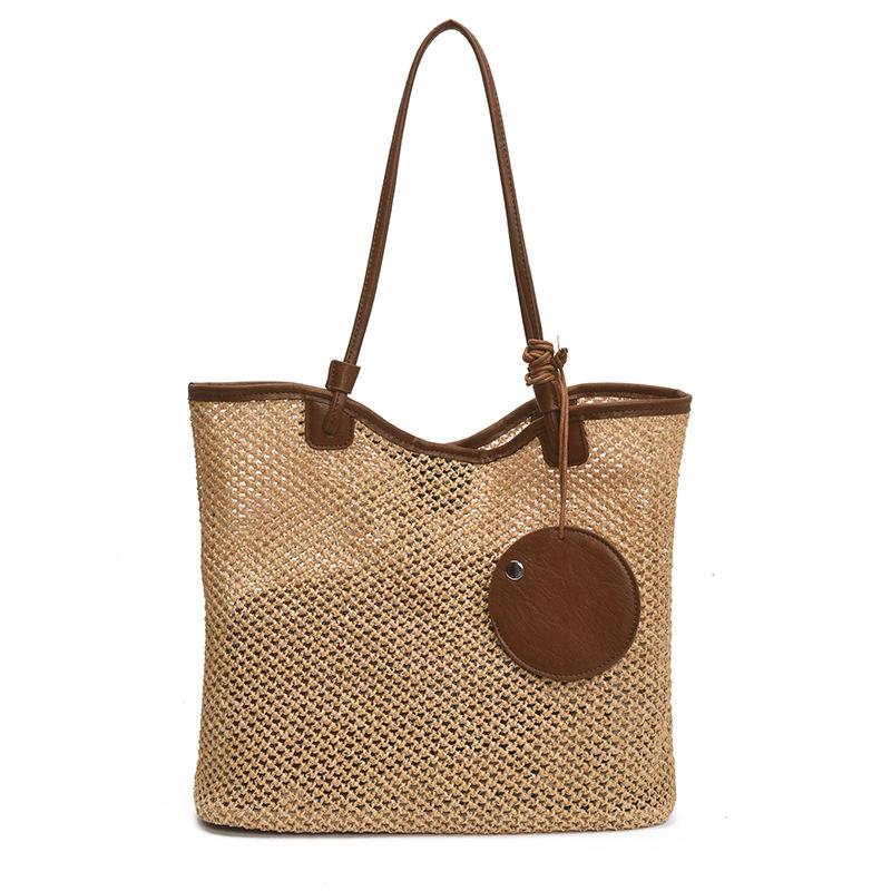 Korean Contrast Woven Tote Bag Women's 2025 New Retro Beach Vacation Shoulder Bag Large-capacity Straw Bag