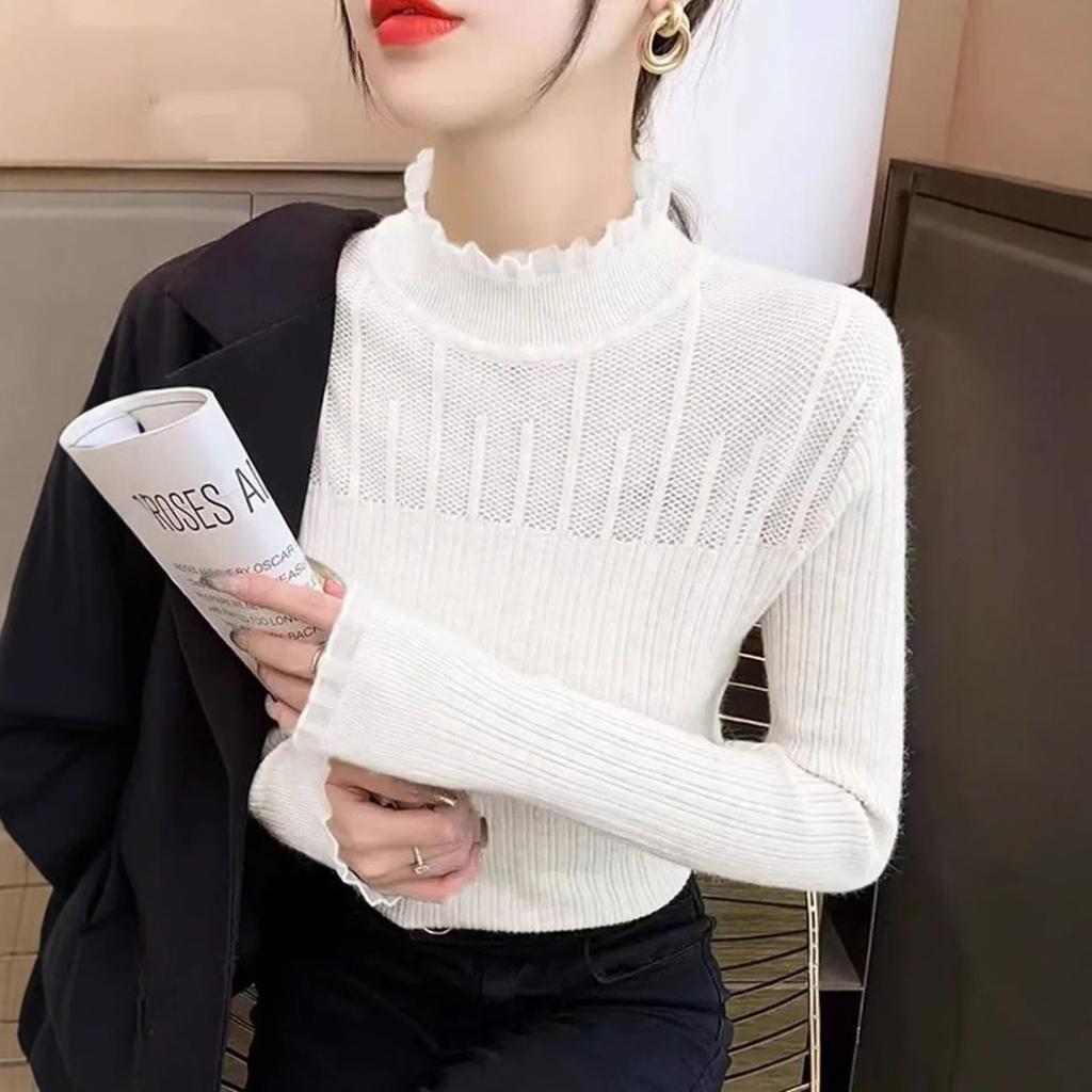 Half High Collar Lace Edge Knitted Sweater for Women Base Shirt Autumn and Winter Women's Clothing
