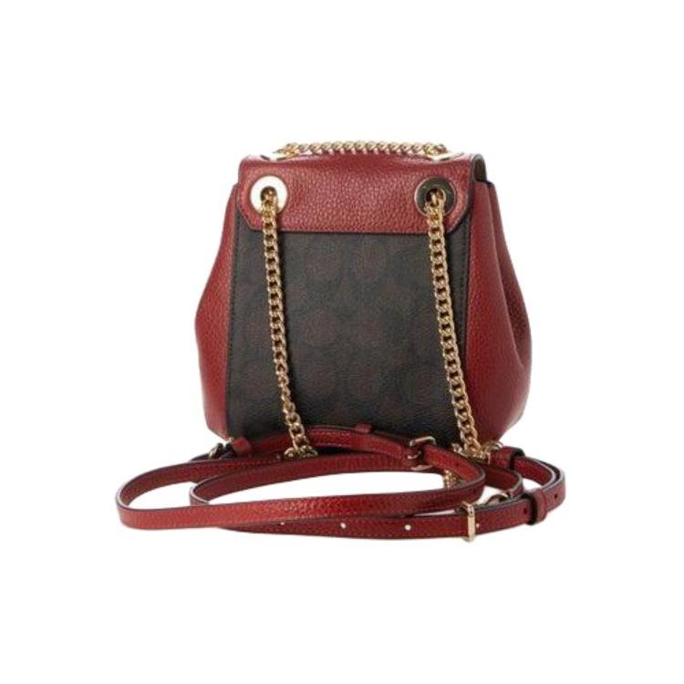 New COACH Convertible Coated Canvas With Pebbled Leather Backpack Small Size Women's Brown & Red C5678-IMRVQ