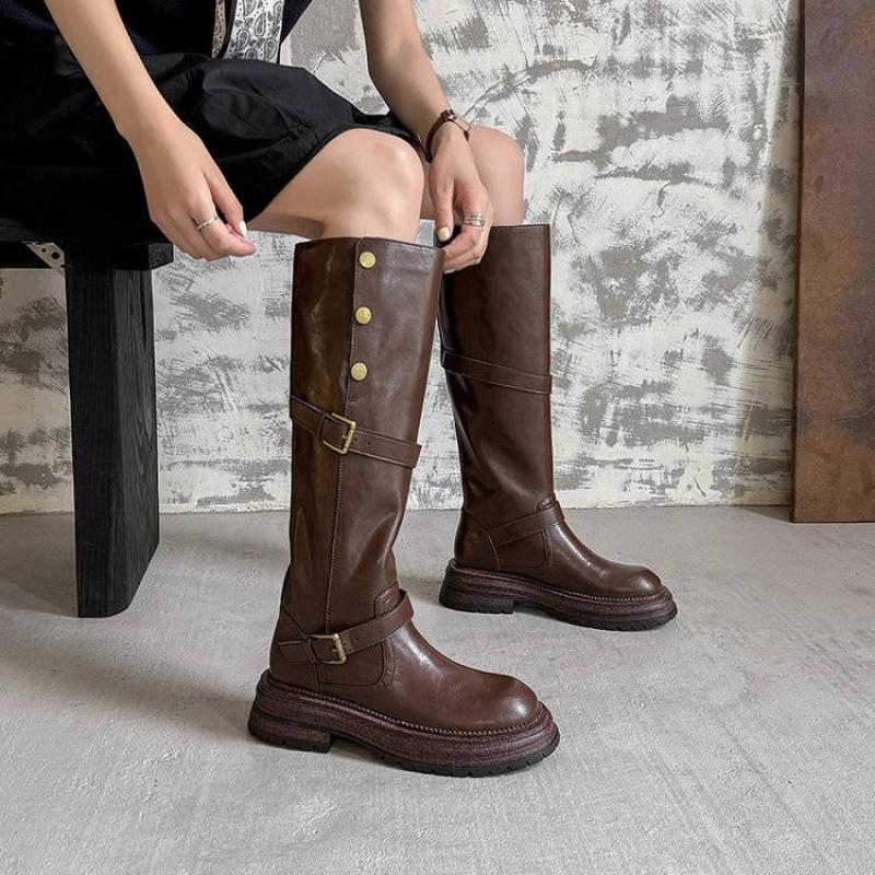 New Versatile Leather Martin Boots Medium Heel Round Head Thick Sole Non-slip Square Heel Large Tube Circumference High Boots Cowhide Women's Leat
