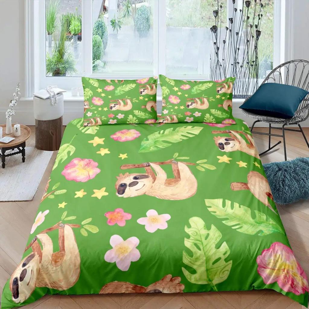 Cartoon Sloth King Queen Duvet Cover Kids Cute Animal Bedding Set Bathtub Decor Blue Comforter Cover Soft Polyester Quilt Cover