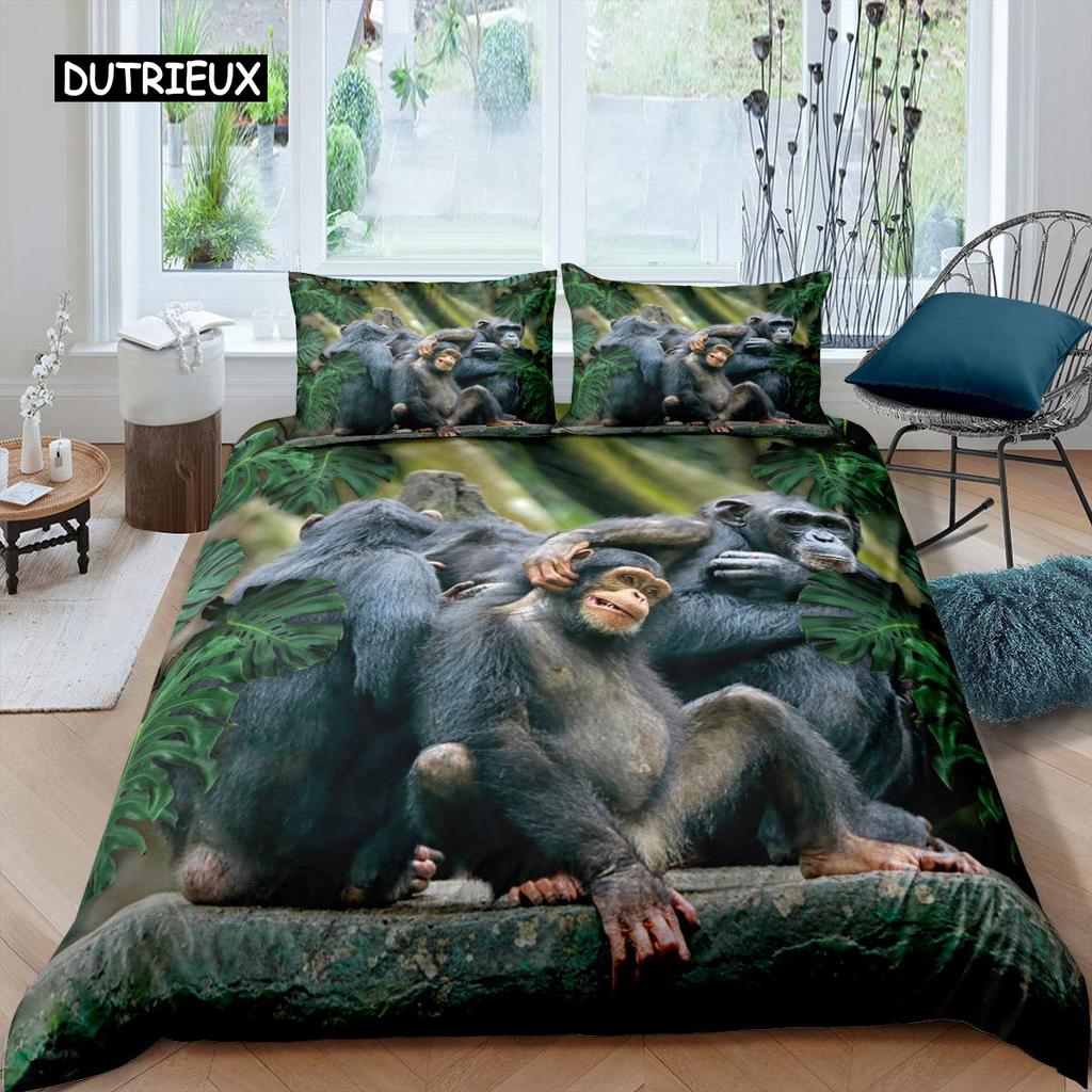 Orangutan Duvet Cover Cute Monkey Bedding Set Polyester Tropical Botanical Animal Print Comforter Cover