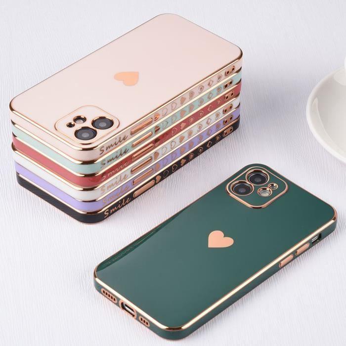 Coque de protection - Luxe - iPhone 12 - Vert nuit - Motif coeur - Souple TPU