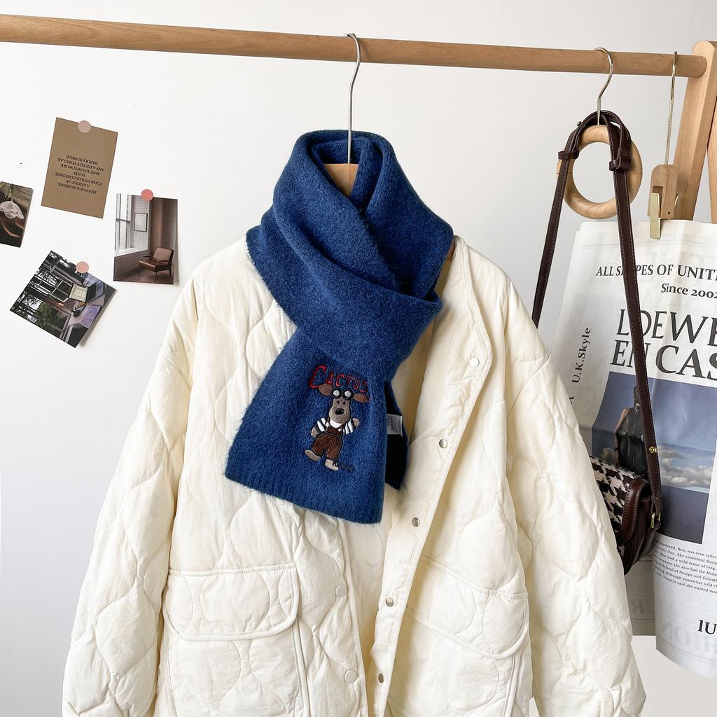 Wool blended knitted scarf cute embroidered cartoon small scarf female autumn and winter couple wool scarf