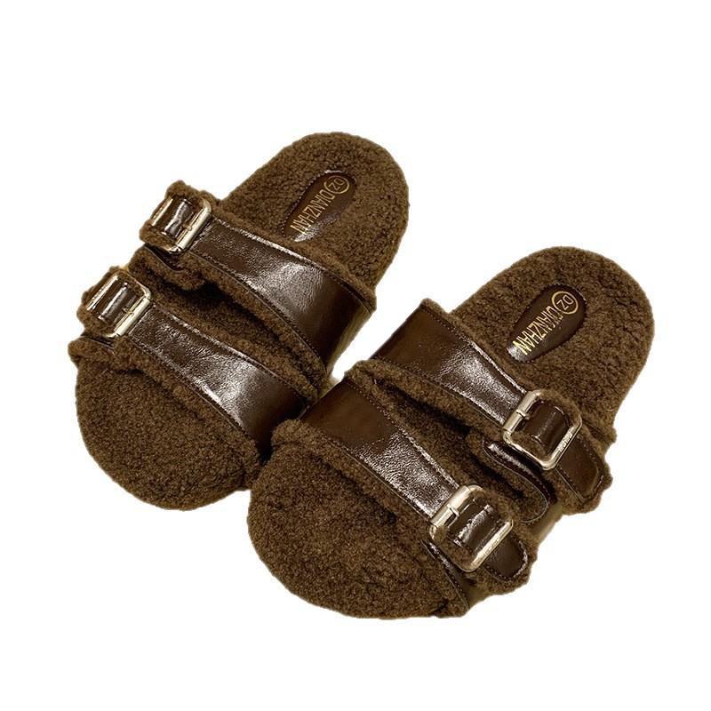 Platform-soled Boken shoes 2025 autumn and winter new Korean version of one-word fluffy slippers women wear flat-soled Boken velvet cotton shoes