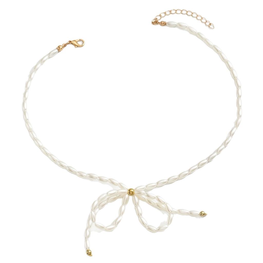 Women Fashion Retro Simple White Faux Pearl Bowknot Clavicle Necklace