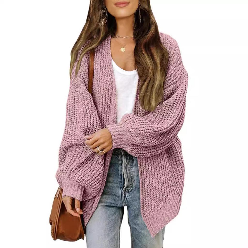 Women's Chunky Knit Cardigan with Lantern Sleeves - Cozy Autumn & Winter Boutique Style