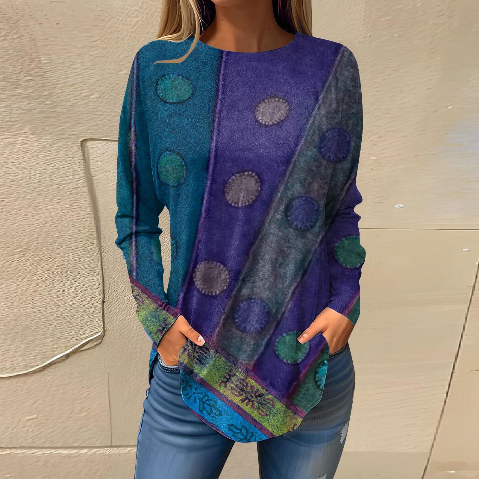 

Футболки для женщин, осенние повседневные рубашки с длинными рукавами, толстовка с ретро-принтом, топ, пуловер L синий