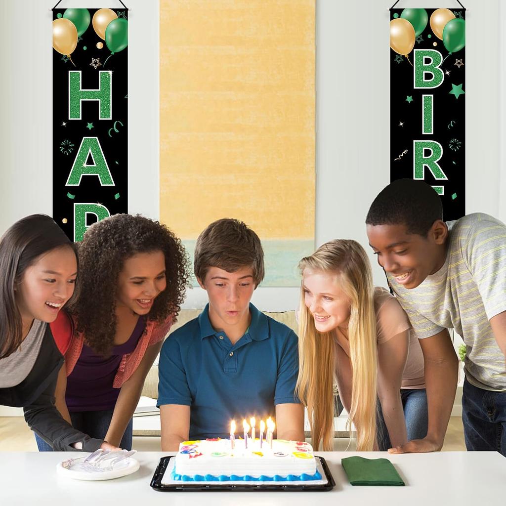 Green Birthday Door Banner Decorations for Women Men, Green Black Gold Happy Birthday Porch Sign Party Supplies, 16th 18th 21st 30th 40th 50th 60th