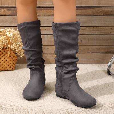 Pantofi Plus-size, Pantofi Plați, Cizme Medii până la Gambă cu Toc Înalt, Cizme de Modă Retro cu Vârf Rotund din Piele Suede