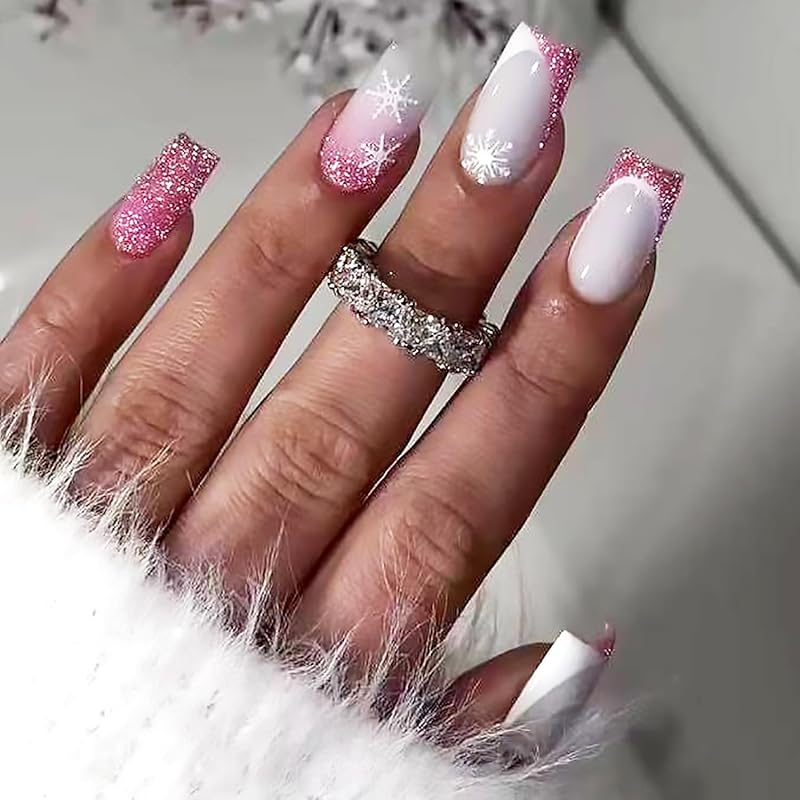 Christmas Press On Nails Medium Square Fake Nails with Gold Snowflake Christmas Tree Designs Xmas Red False Nail Acrylic Winter Snow Stick On Nail