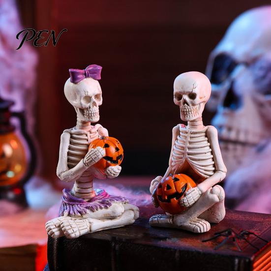Indoor Festive Ornaments 2Pcs/Set Couple Skeleton Statues, with Pumpkin Figurines, Men Gothic Room Accessories Women for Halloween Table Mantel Shelf