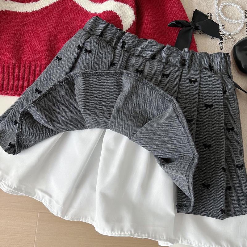 2025 Vår Flickors Rosett Långärmad Tröja & Stickade Kläder Tvådelat Set