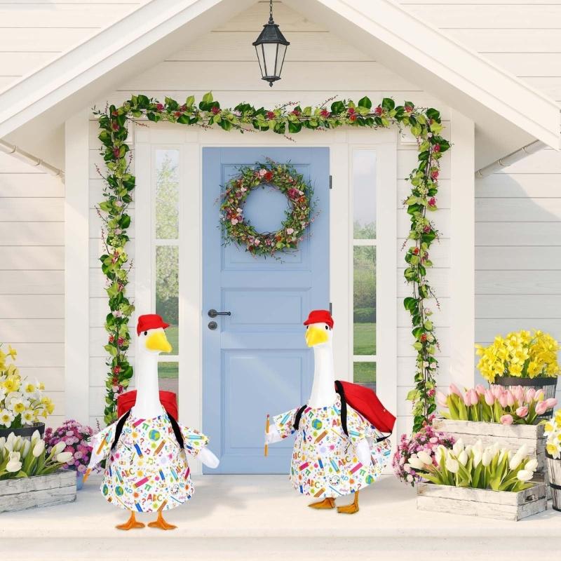 Weather Resistant Cement Garden Geese Sculpture Figure Featuring Seasonal Costumes For Outdoor Patios Display Decoration