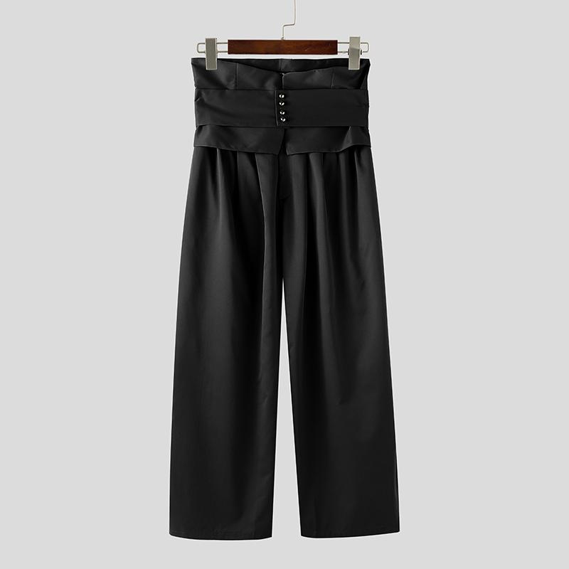 INCERUN Men Layers Zip-up High Waist Casual Long Wide Legs Pants Trousers