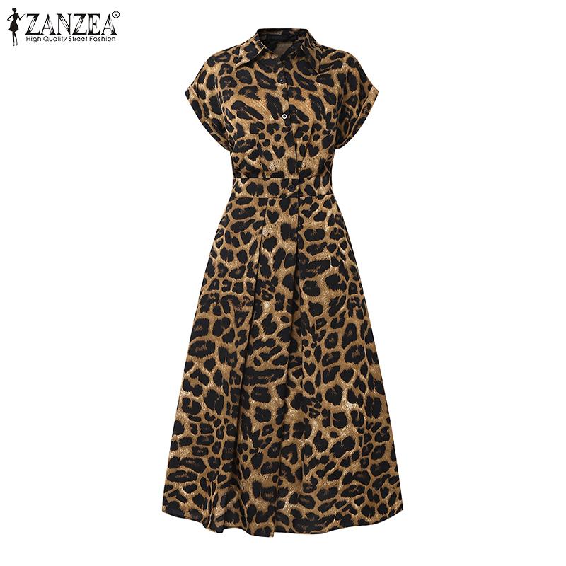ZANZEA Women Casual Turn Down Collar Summer Short Sleeve Leopard Print Dress