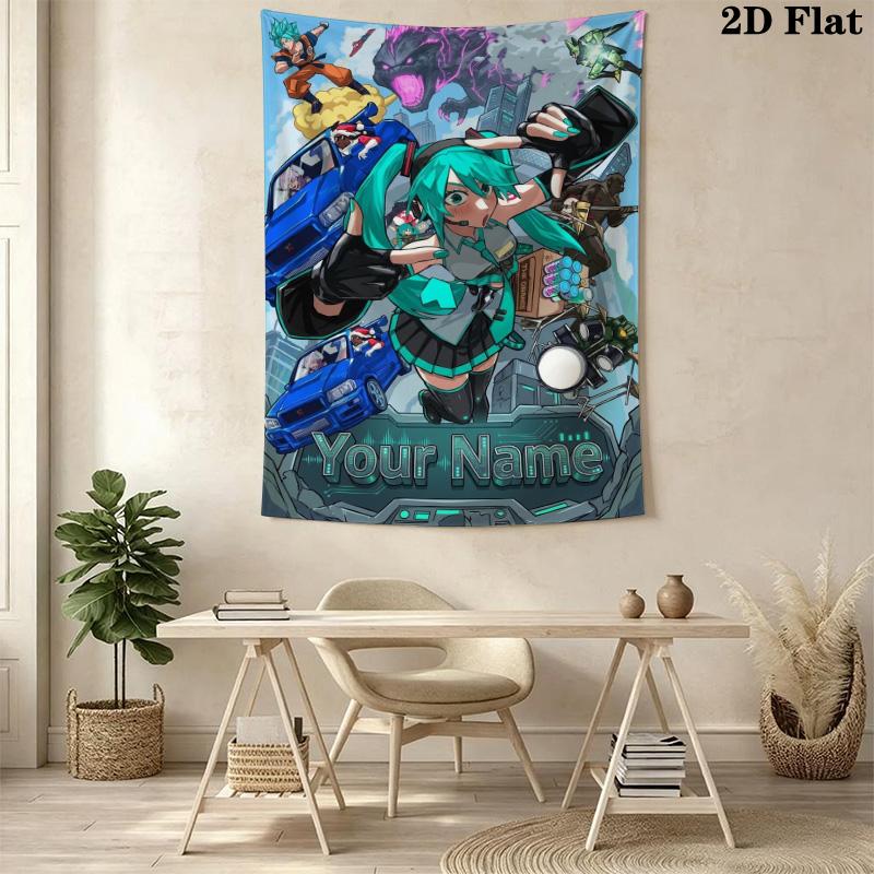 Name Benutzerdefinierte Anime Miku Wandteppich Ästhetischer Wandbehang Bedruckter Stoffdecke Dekorative Wandteppiche für Schlafzimmer Wohnzimmer Heimdekoration